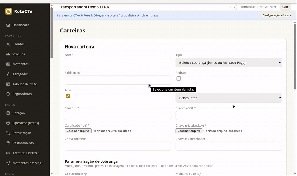 Formulário de carteira com o provedor Banco do Brasil selecionado, mostrando os campos que ele pede