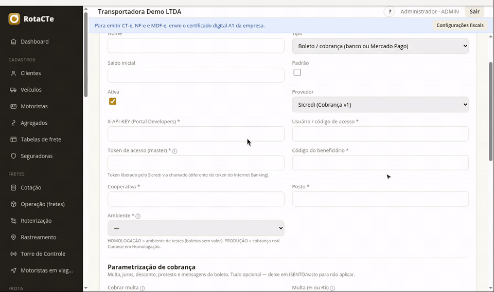 Formulário de carteira com o provedor Caixa Econômica (SIGCB Web Service) selecionado, mostrando os campos que ele pede