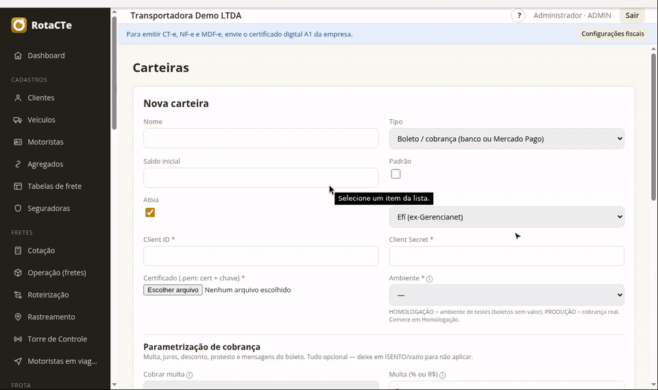 Formulário de carteira com o provedor Cora selecionado, mostrando os campos que ele pede