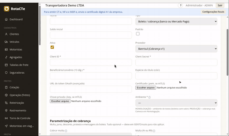Formulário de carteira com o provedor Efí (ex-Gerencianet) selecionado, mostrando os campos que ele pede