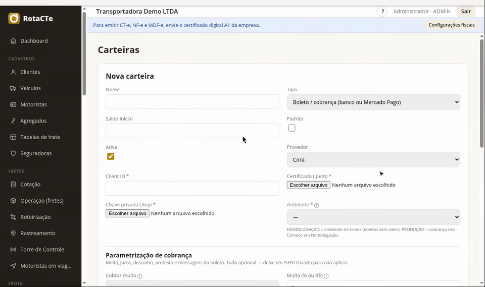 Formulário de carteira com o provedor PagBank / PagSeguro selecionado, mostrando os campos que ele pede
