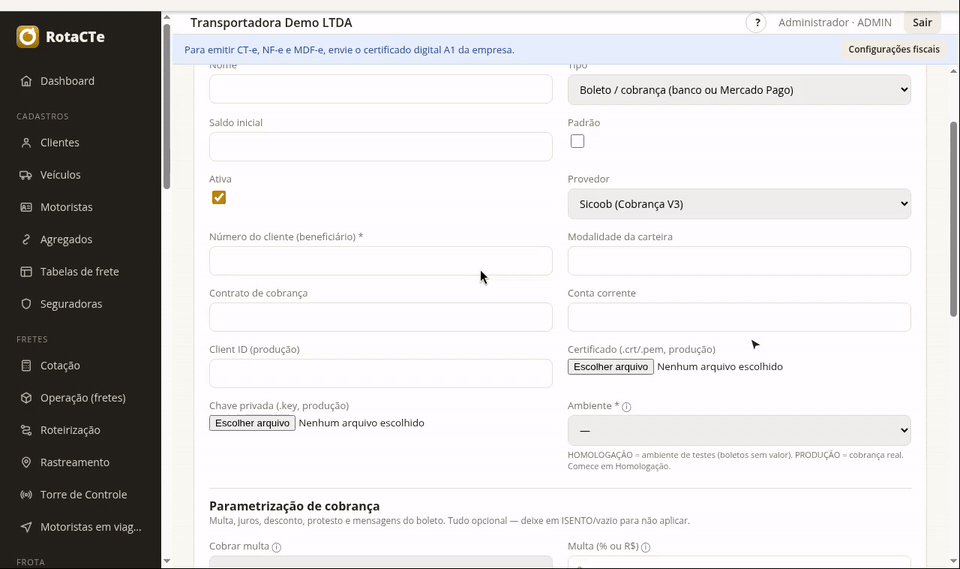 Formulário de carteira com o provedor Sicredi (Cobrança v1) selecionado, mostrando os campos que ele pede