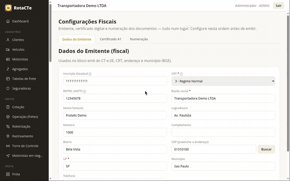 Configurações fiscais com as abas Dados do Emitente, Certificado A1 e Numeração