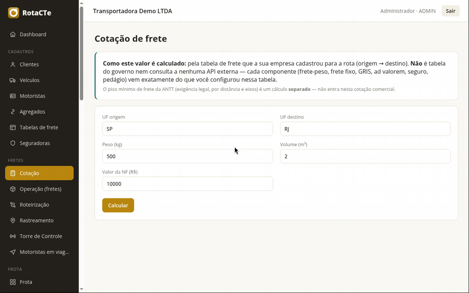 Cotação SP para RJ calculada pela tabela de frete, com o detalhamento por componente