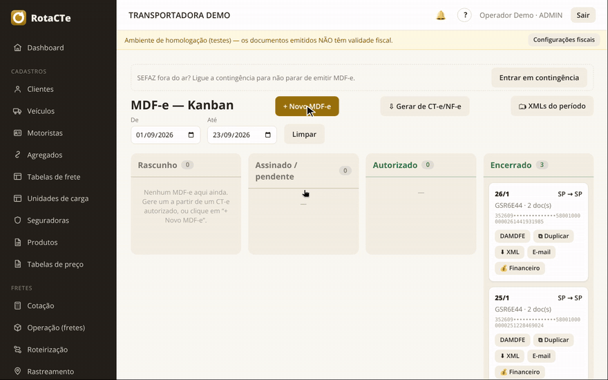 O MDF-e preenchido do zero, bloco a bloco, até o autorizado em homologação