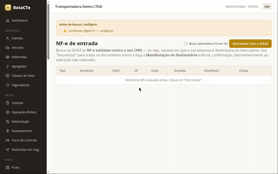 Tela de NF-e de entrada com a busca automática e o botão Sincronizar com a SEFAZ