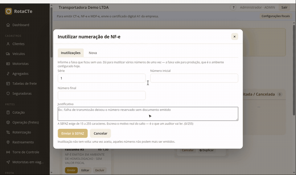 O botão Nº ajusta a numeração de um rascunho — e no CT-e e no MDF-e é o único jeito de fechar um salto na sequência.