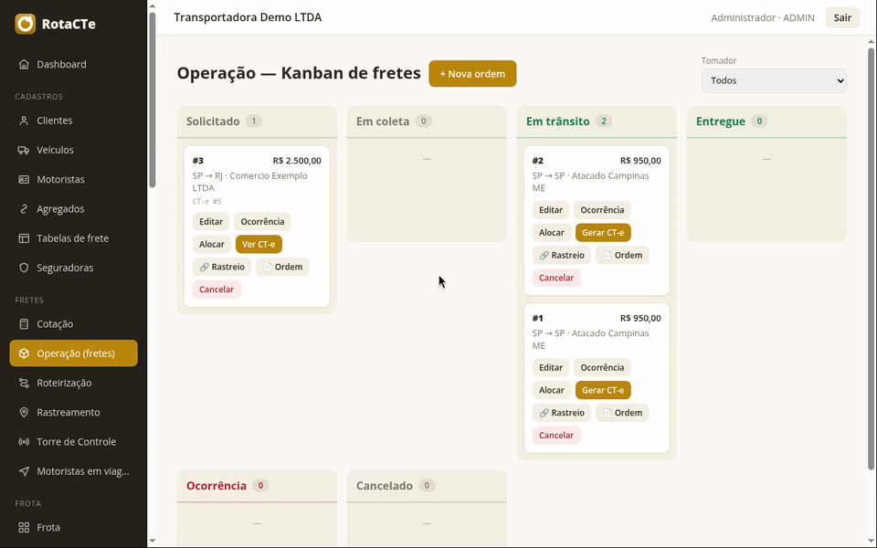 Copiando o link público de rastreio no card do frete