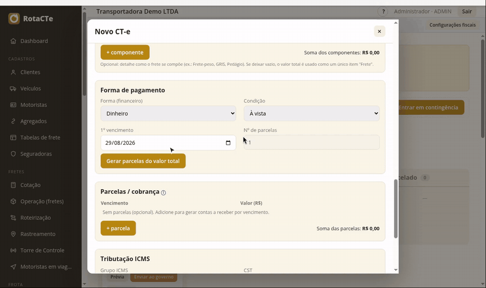 O rascunho da NF-e de homologação aberto, do destinatário aos impostos do item