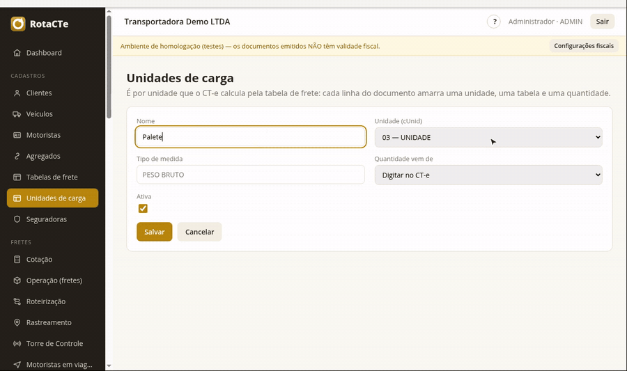 A unidade é aquilo que a sua transportadora conta na hora de cobrar — e o código dela vai no XML do CT-e.